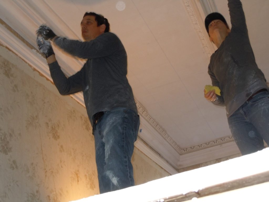 Installing Acanthus Leaf Trim in Ceiling Moulding Cove in Dining Room